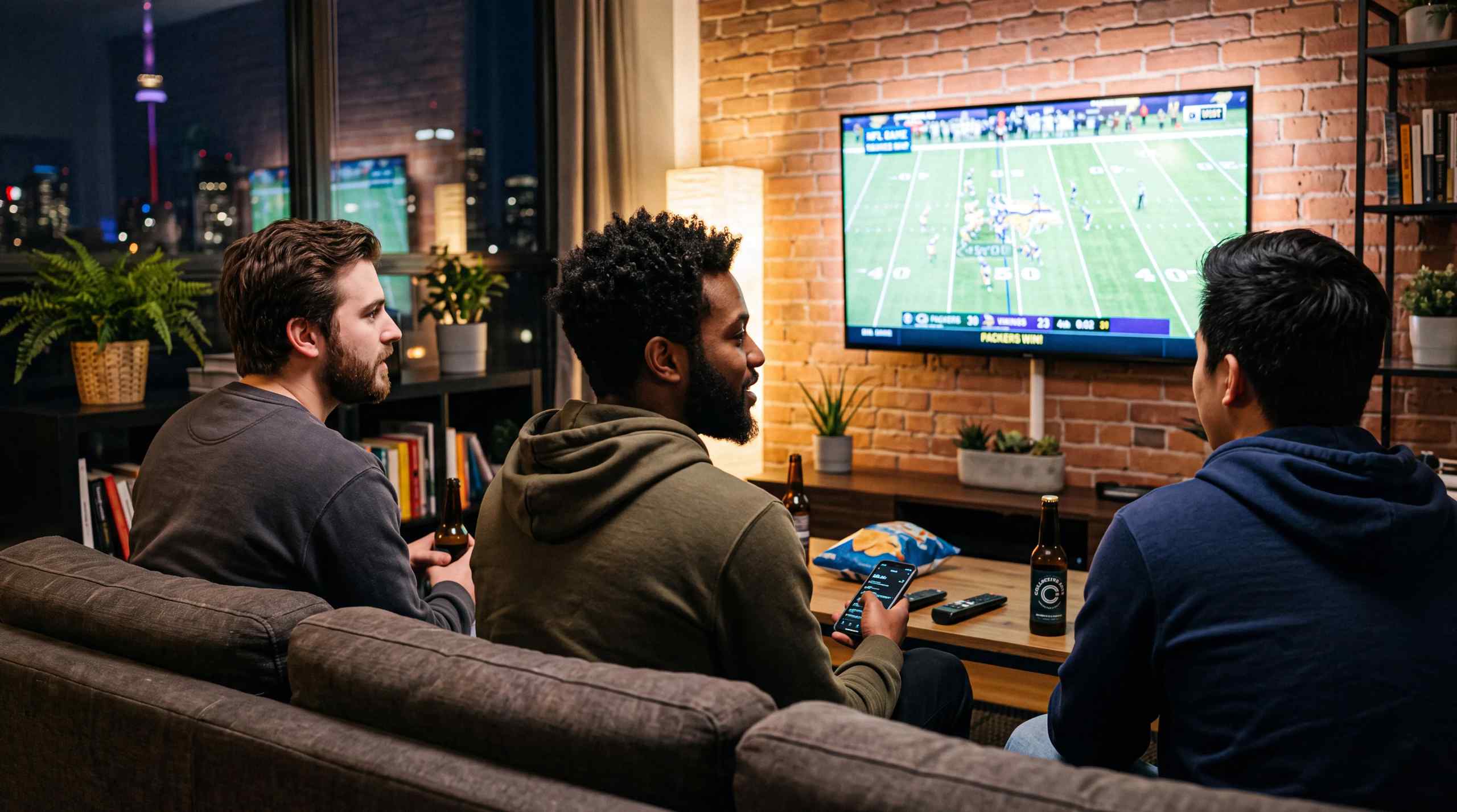 Sports fans watch a football game at home.
